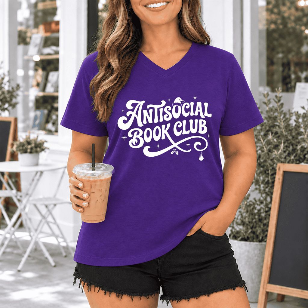 Antisocial Book Club Ultra-Soft V-Neck | Christmas Book Lover Gift Team Purple