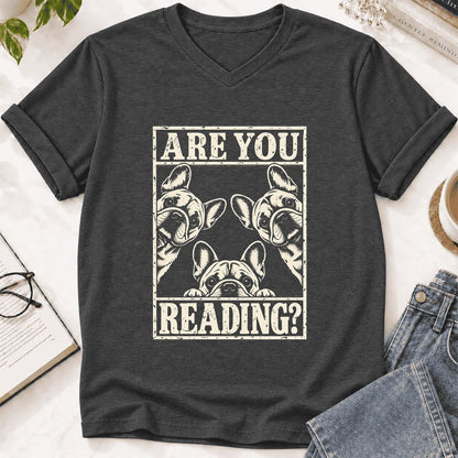 Are You Reading French Bulldog Ultra-Soft V-Neck | Dog Lover Reader Gift Dark Grey Heather