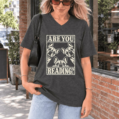 Are You Reading French Bulldog Ultra-Soft V-Neck | Dog Lover Reader Gift Dark Grey Heather