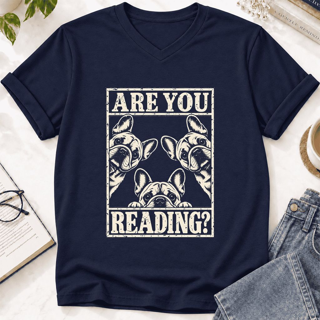 Are You Reading French Bulldog Ultra-Soft V-Neck | Dog Lover Reader Gift Navy