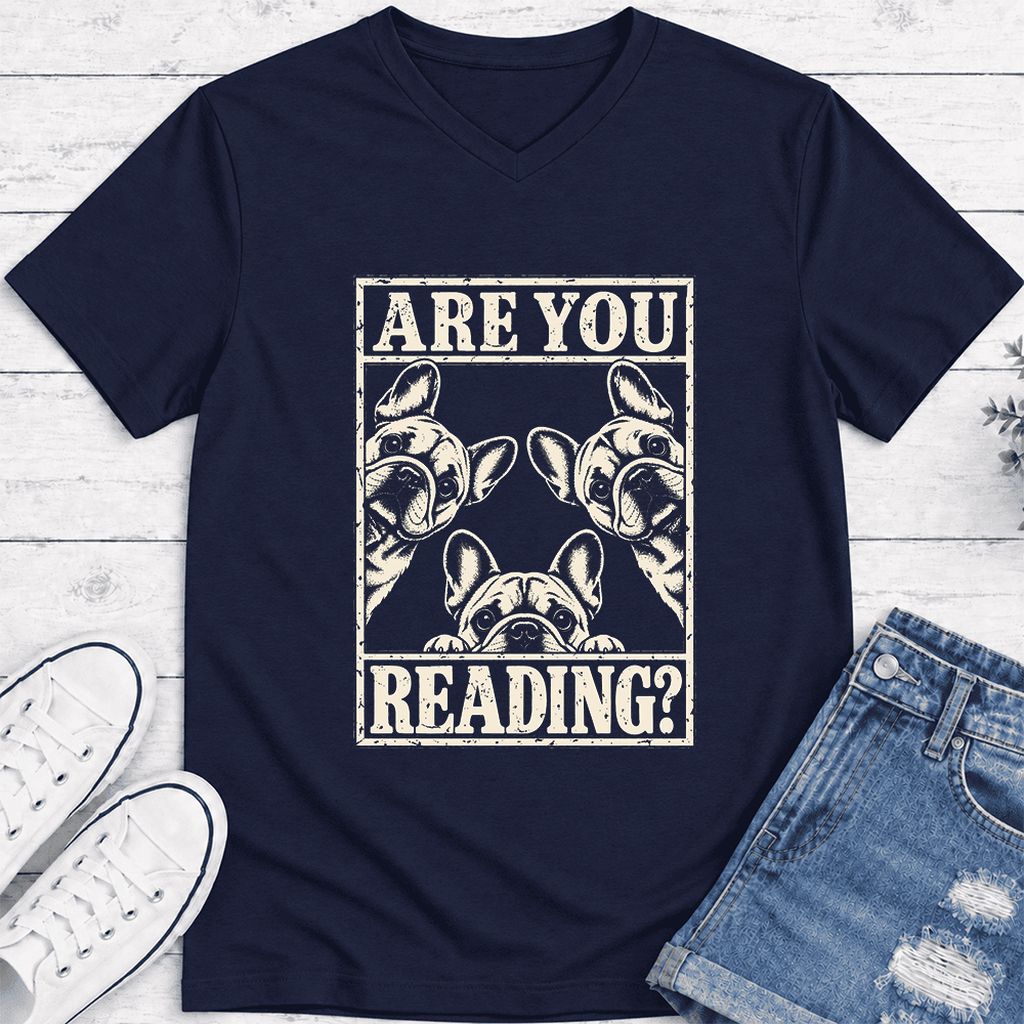 Are You Reading French Bulldog Ultra-Soft V-Neck | Dog Lover Reader Gift Navy