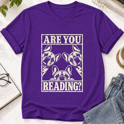 Are You Reading French Bulldog Ultra-Soft V-Neck | Dog Lover Reader Gift Team Purple