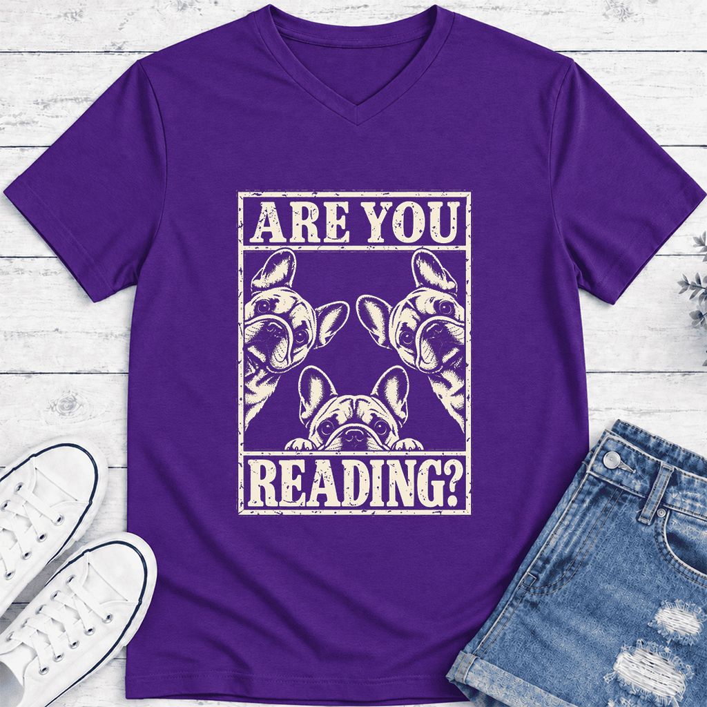 Are You Reading French Bulldog Ultra-Soft V-Neck | Dog Lover Reader Gift Team Purple