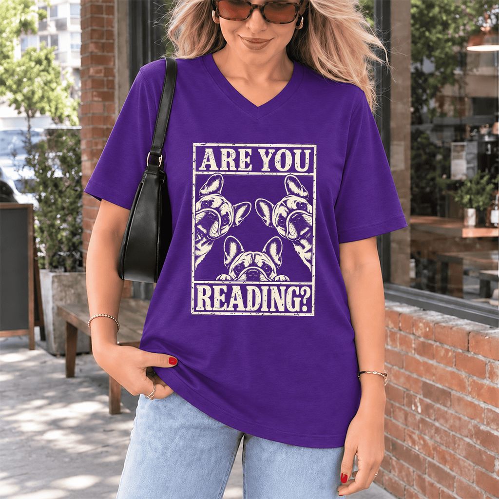 Are You Reading French Bulldog Ultra-Soft V-Neck | Dog Lover Reader Gift Team Purple