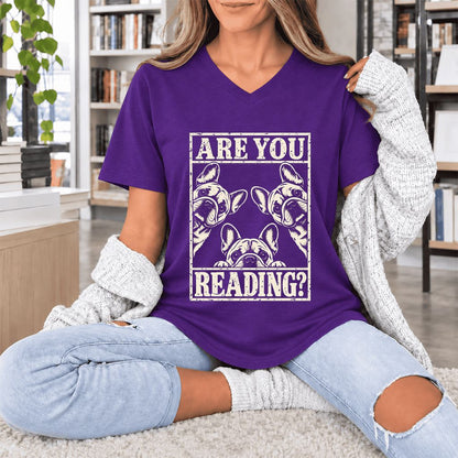 Are You Reading French Bulldog Ultra-Soft V-Neck | Dog Lover Reader Gift Team Purple
