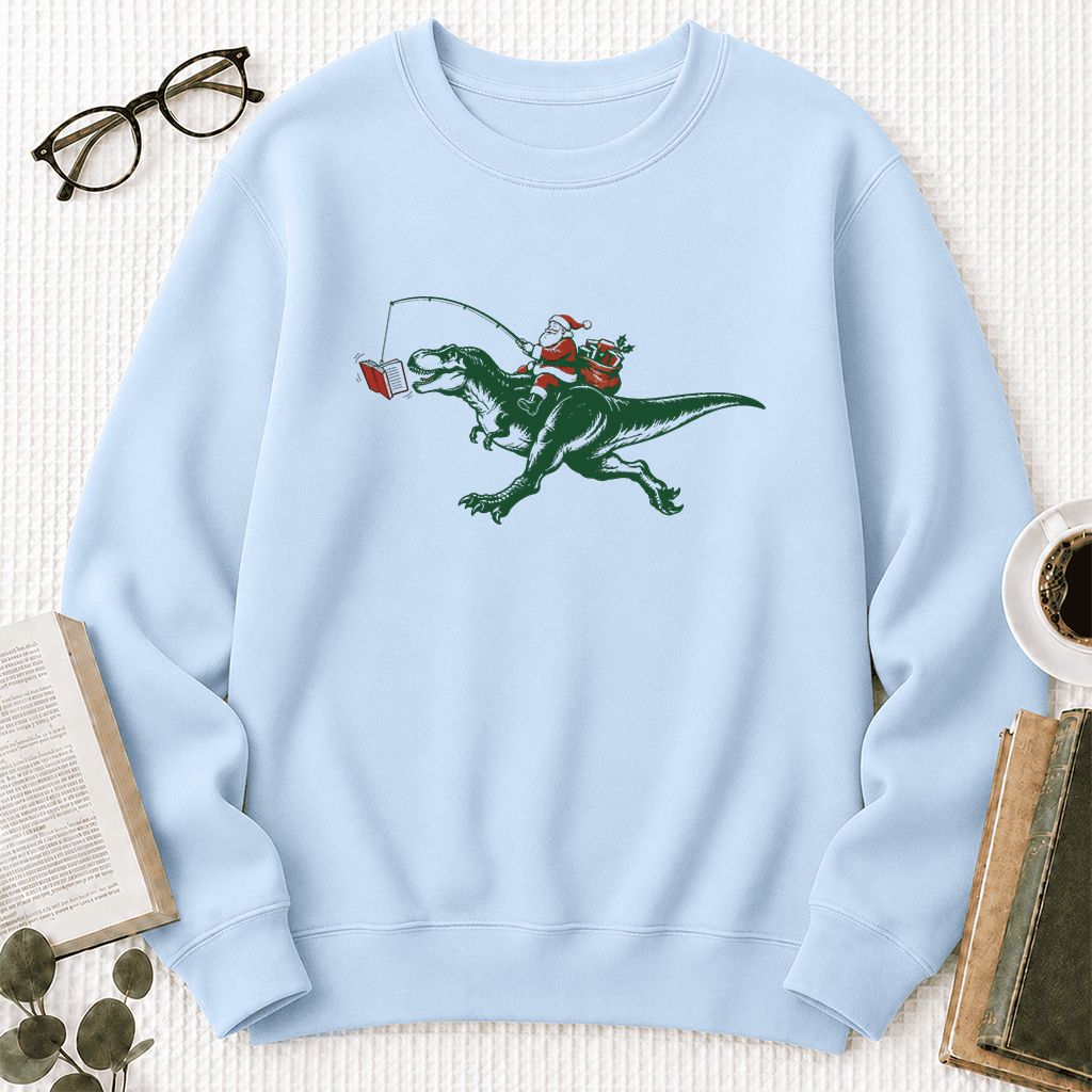 Santa Riding T-Rex Printed Sweatshirt | Christmas Reader Gift Light Blue