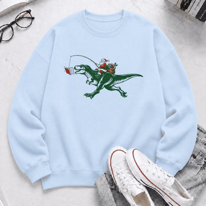 Santa Riding T-Rex Printed Sweatshirt | Christmas Reader Gift Light Blue