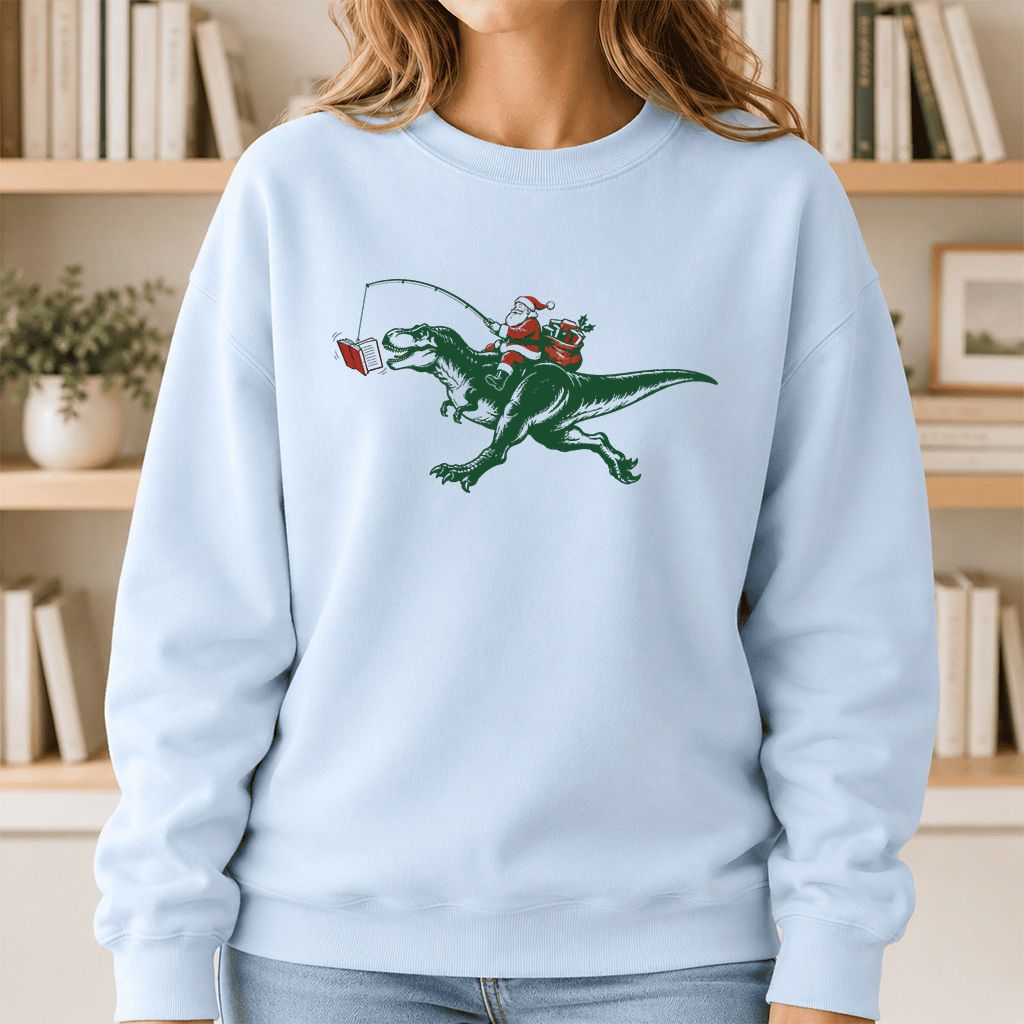 Santa Riding T-Rex Printed Sweatshirt | Christmas Reader Gift Light Blue