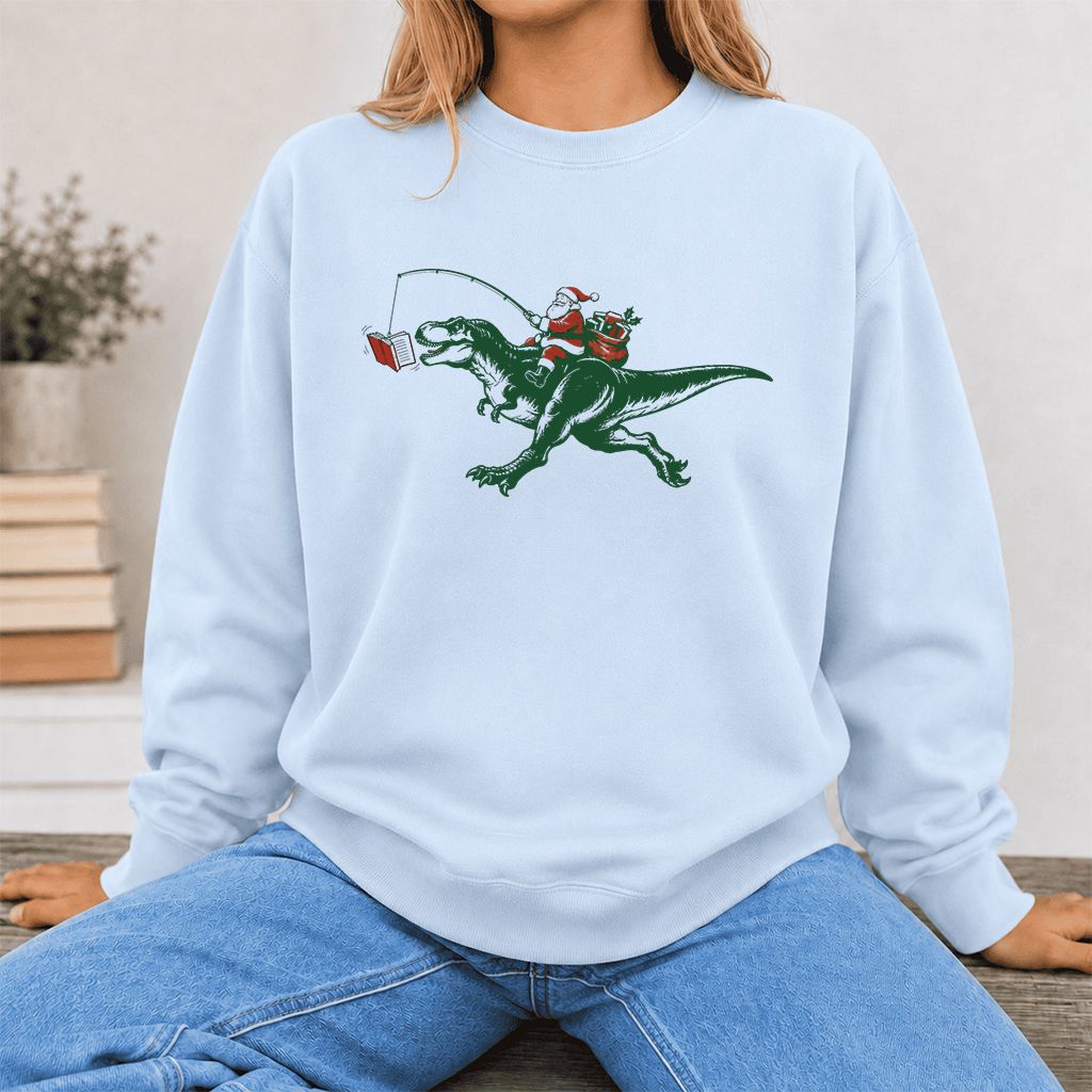 Santa Riding T-Rex Printed Sweatshirt | Christmas Reader Gift Light Blue