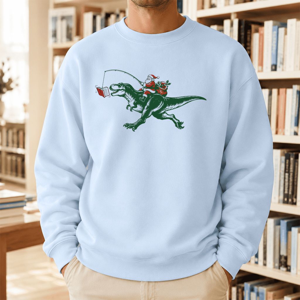 Santa Riding T-Rex Printed Sweatshirt | Christmas Reader Gift Light Blue