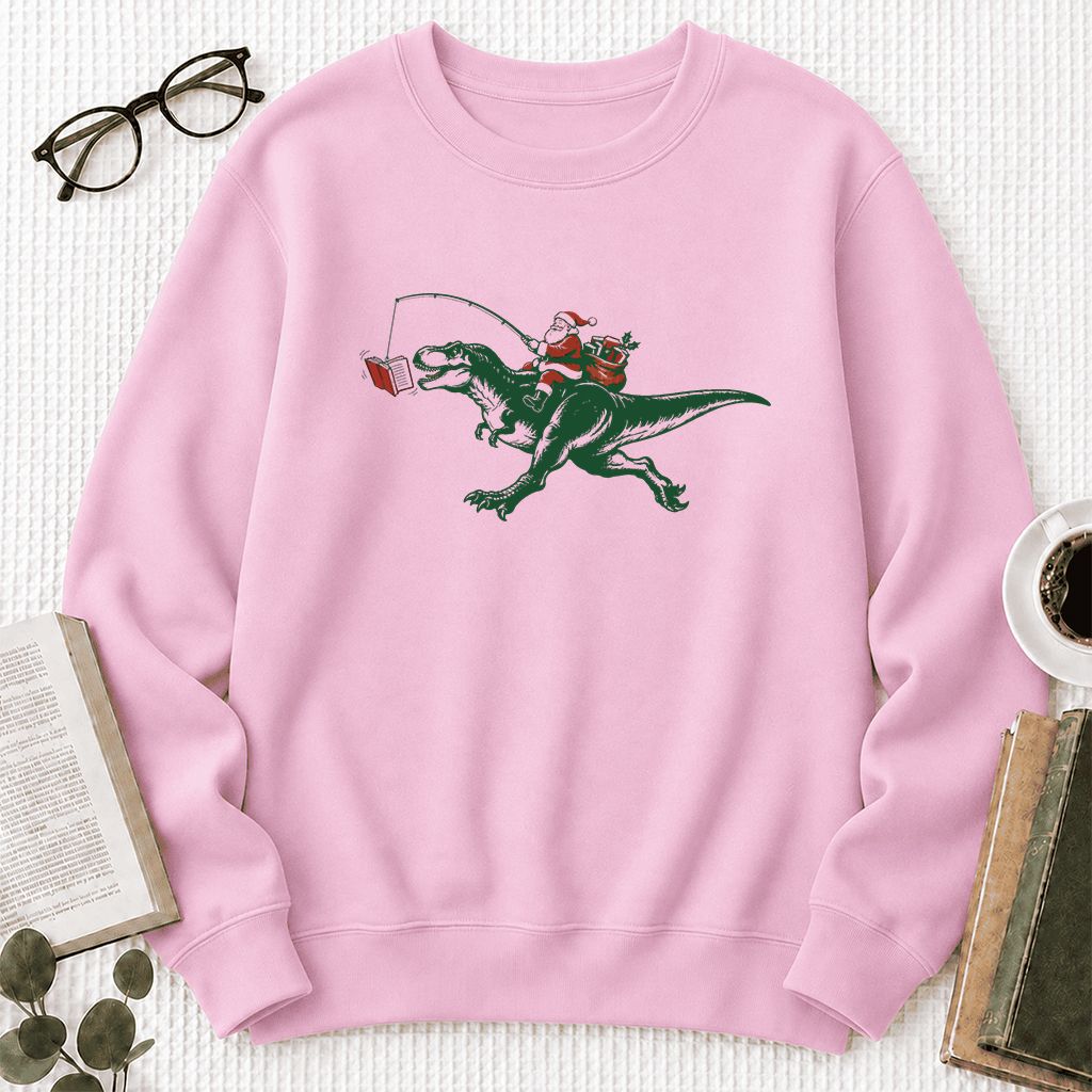 Santa Riding T-Rex Printed Sweatshirt | Christmas Reader Gift Light Pink