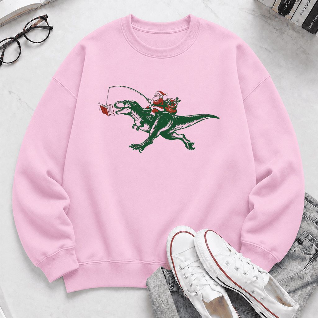 Santa Riding T-Rex Printed Sweatshirt | Christmas Reader Gift Light Pink