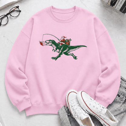 Santa Riding T-Rex Printed Sweatshirt | Christmas Reader Gift Light Pink