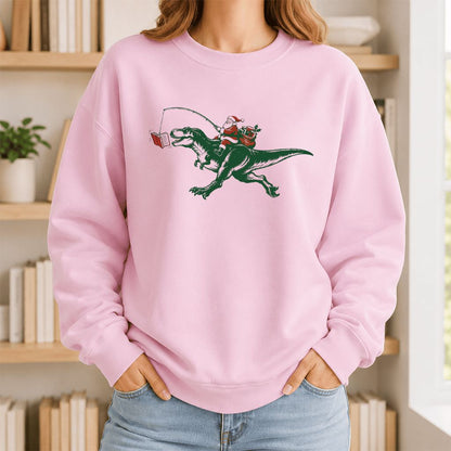 Santa Riding T-Rex Printed Sweatshirt | Christmas Reader Gift Light Pink