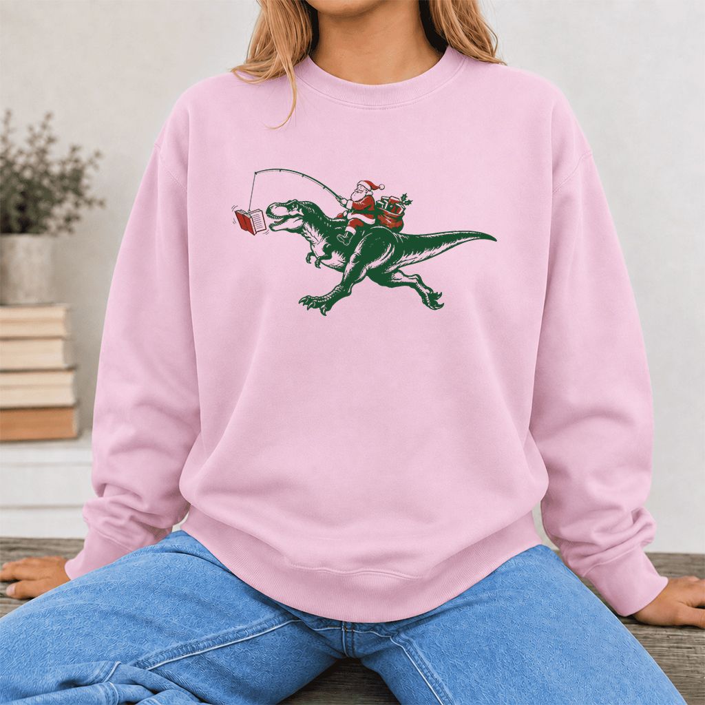 Santa Riding T-Rex Printed Sweatshirt | Christmas Reader Gift Light Pink