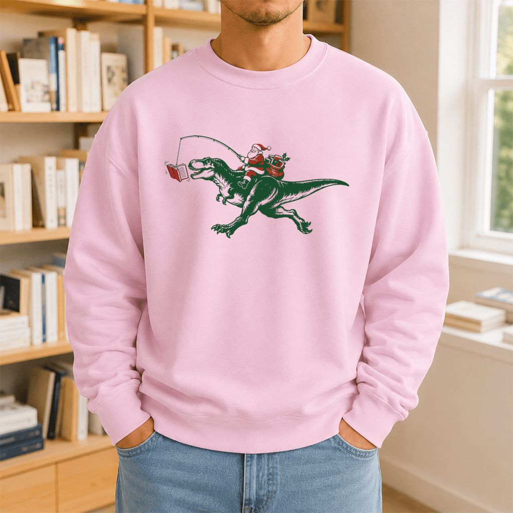 Santa Riding T-Rex Printed Sweatshirt | Christmas Reader Gift Light Pink