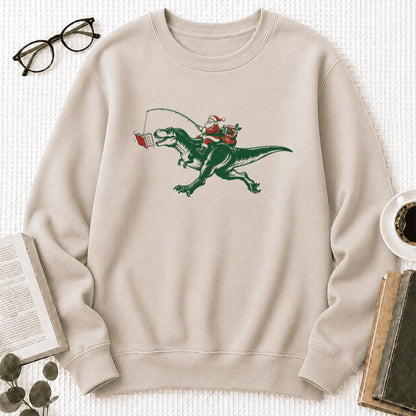 Santa Riding T-Rex Printed Sweatshirt | Christmas Reader Gift Sand