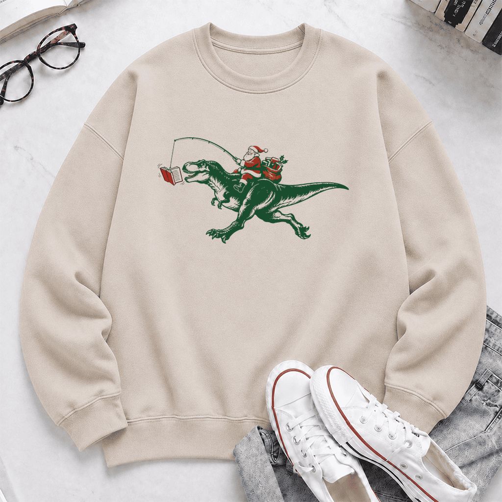 Santa Riding T-Rex Printed Sweatshirt | Christmas Reader Gift Sand