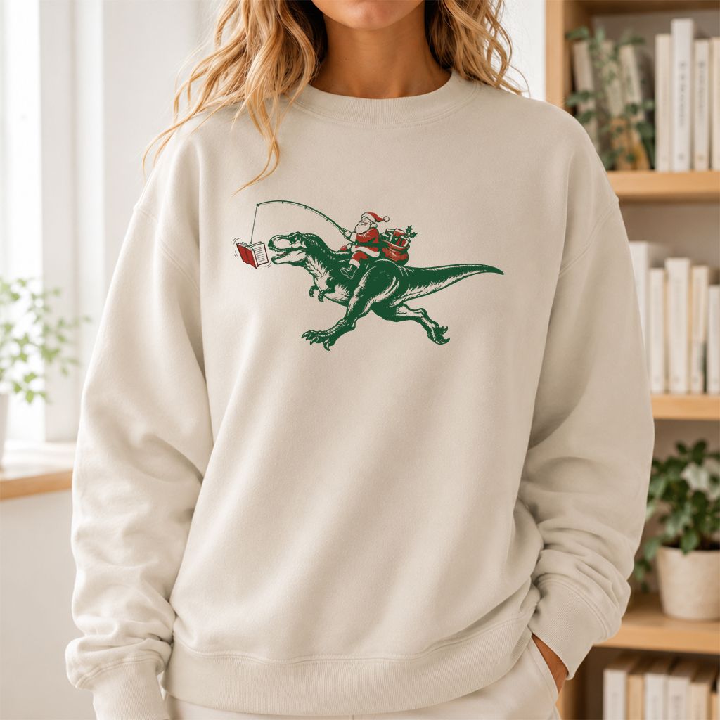 Santa Riding T-Rex Printed Sweatshirt | Christmas Reader Gift Sand
