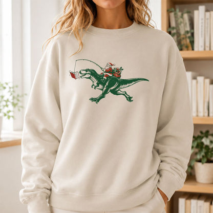 Santa Riding T-Rex Printed Sweatshirt | Christmas Reader Gift Sand