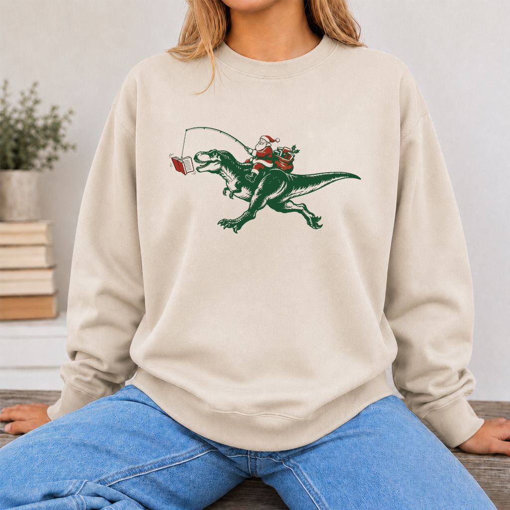 Santa Riding T-Rex Printed Sweatshirt | Christmas Reader Gift Sand