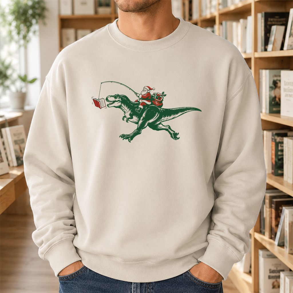 Santa Riding T-Rex Printed Sweatshirt | Christmas Reader Gift Sand