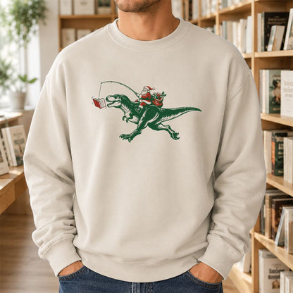 Santa Riding T-Rex Printed Sweatshirt | Christmas Reader Gift Sand