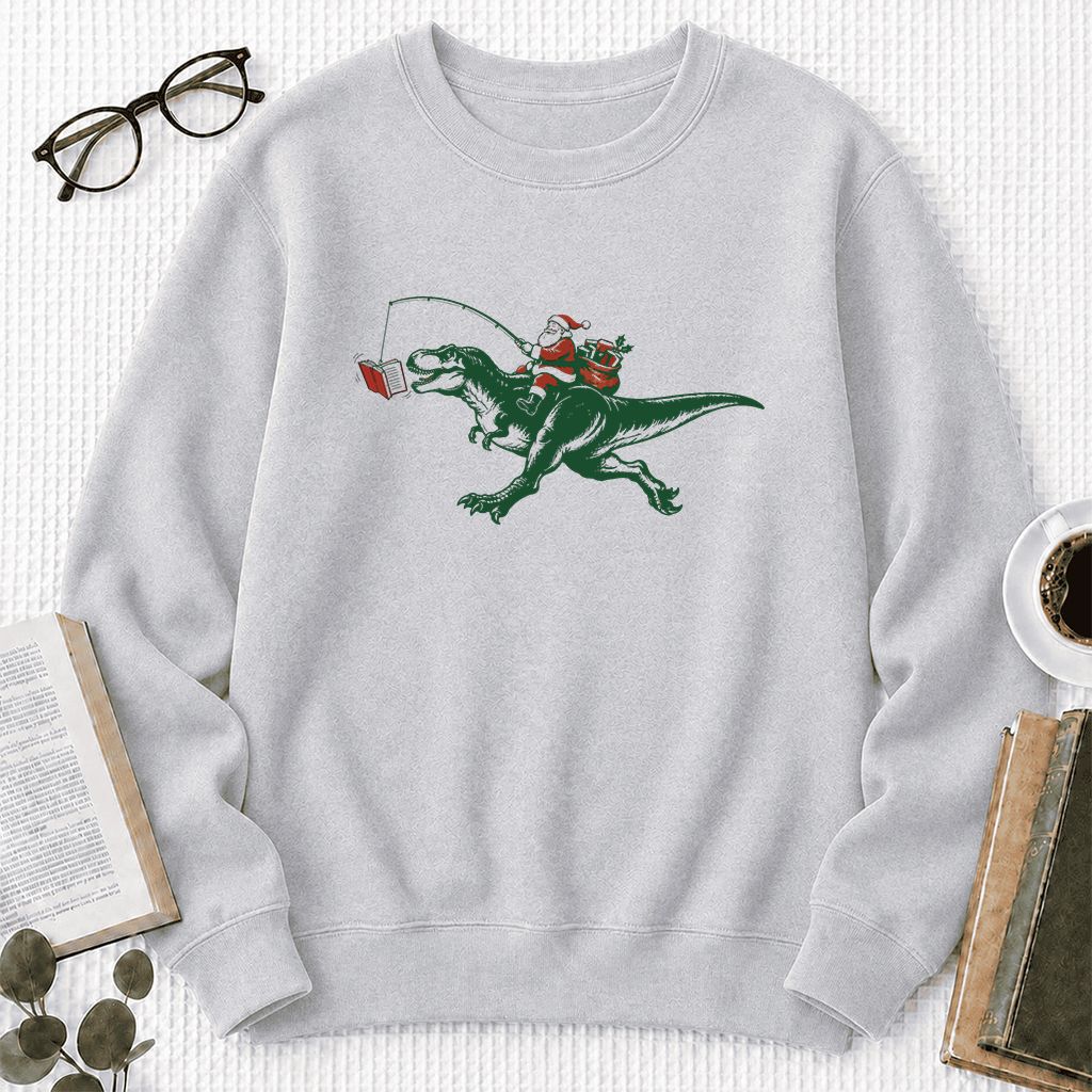 Santa Riding T-Rex Printed Sweatshirt | Christmas Reader Gift Sport Grey
