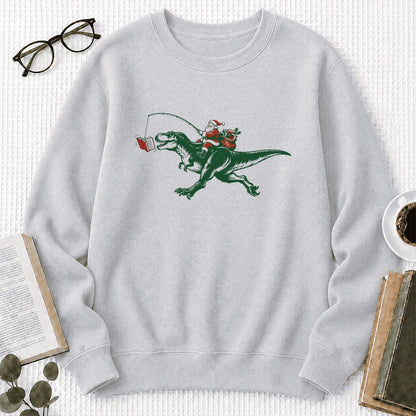 Santa Riding T-Rex Printed Sweatshirt | Christmas Reader Gift Sport Grey