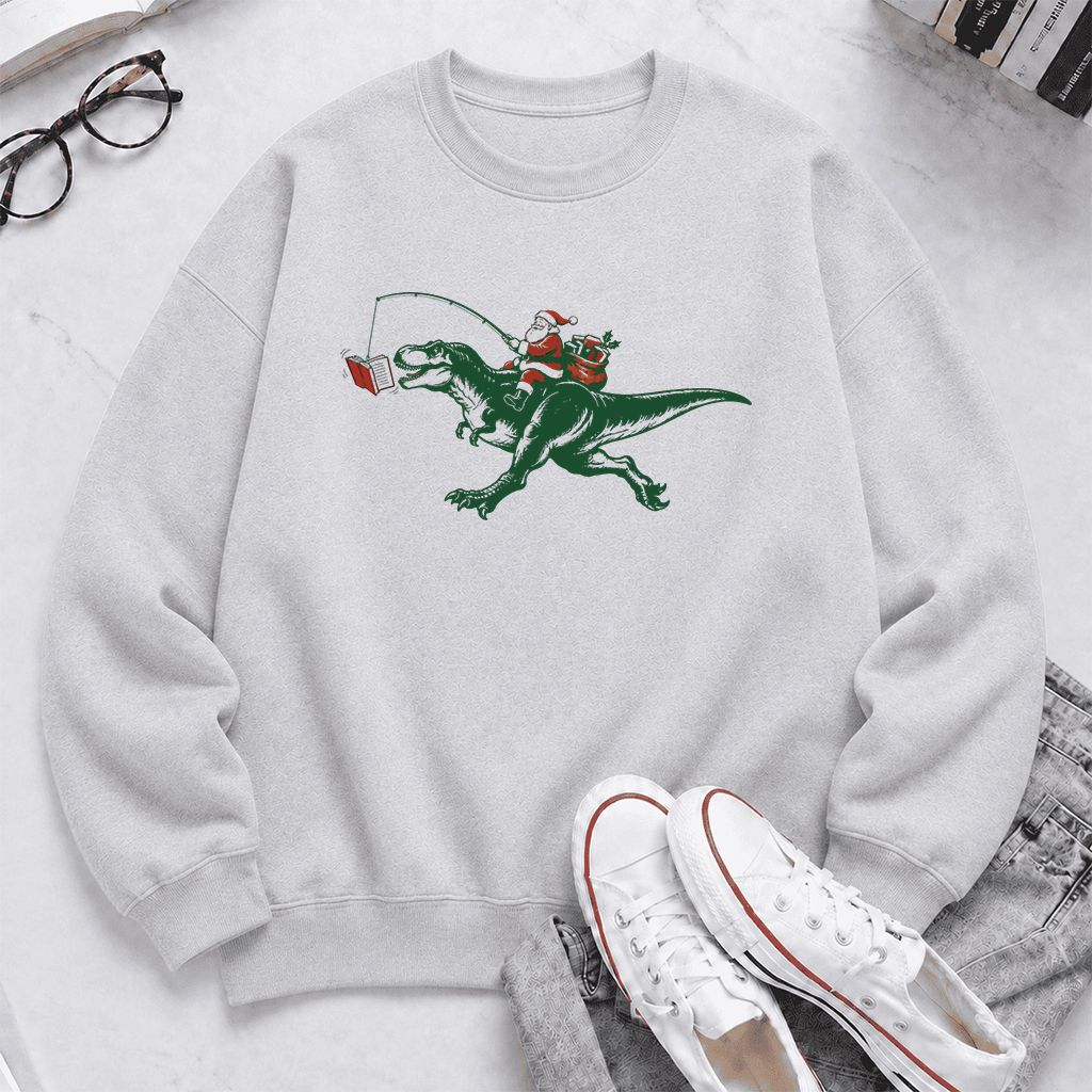 Santa Riding T-Rex Printed Sweatshirt | Christmas Reader Gift Sport Grey