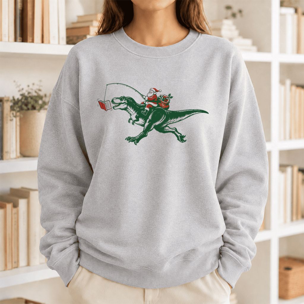 Santa Riding T-Rex Printed Sweatshirt | Christmas Reader Gift Sport Grey
