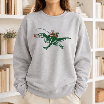 Santa Riding T-Rex Printed Sweatshirt | Christmas Reader Gift Sport Grey