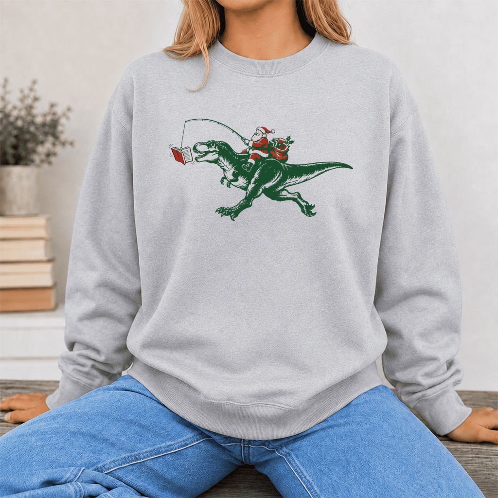 Santa Riding T-Rex Printed Sweatshirt | Christmas Reader Gift Sport Grey