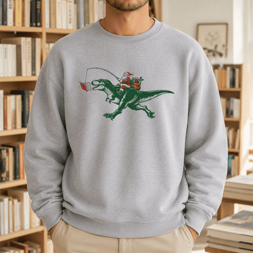 Santa Riding T-Rex Printed Sweatshirt | Christmas Reader Gift Sport Grey