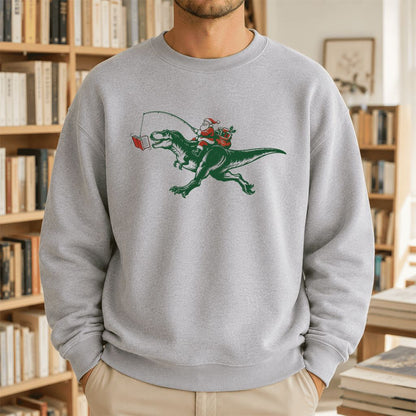 Santa Riding T-Rex Printed Sweatshirt | Christmas Reader Gift Sport Grey