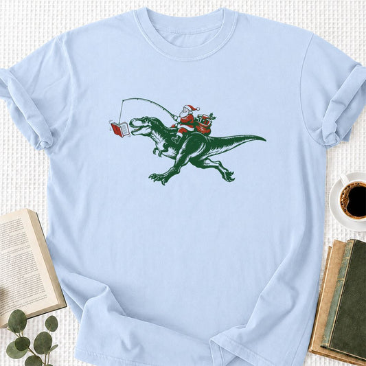 Santa Riding T-Rex Printed T-Shirt | Christmas Reader Gift Light Blue
