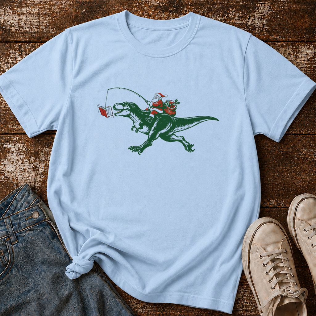 Santa Riding T-Rex Printed T-Shirt | Christmas Reader Gift Light Blue