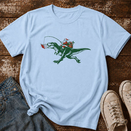 Santa Riding T-Rex Printed T-Shirt | Christmas Reader Gift Light Blue