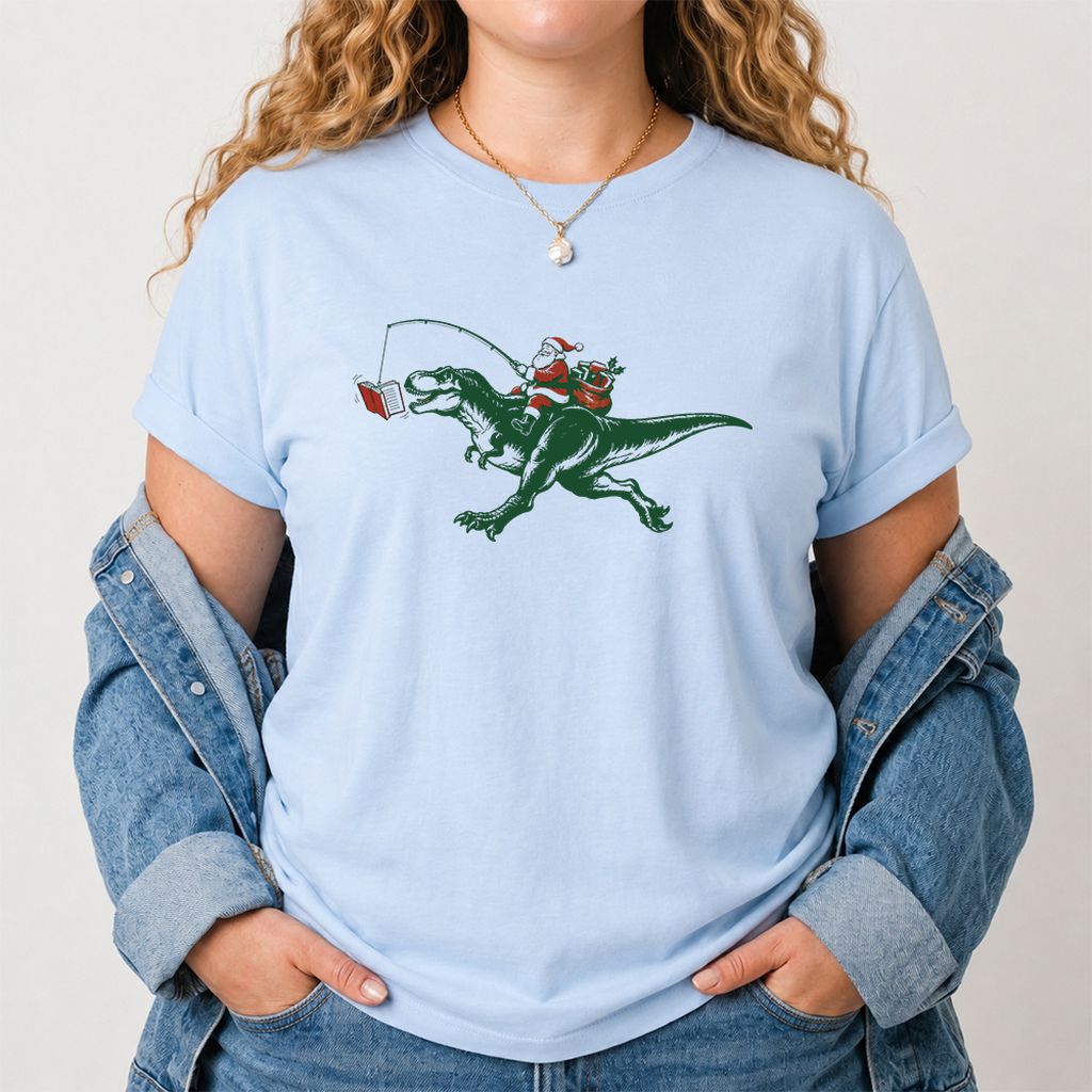 Santa Riding T-Rex Printed T-Shirt | Christmas Reader Gift Light Blue