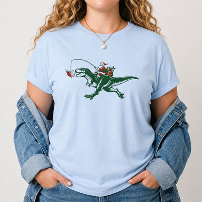 Santa Riding T-Rex Printed T-Shirt | Christmas Reader Gift Light Blue