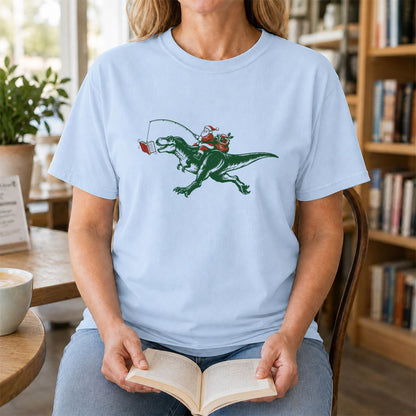 Santa Riding T-Rex Printed T-Shirt | Christmas Reader Gift Light Blue