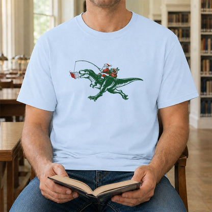Santa Riding T-Rex Printed T-Shirt | Christmas Reader Gift Light Blue
