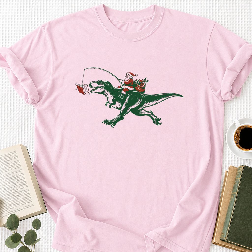 Santa Riding T-Rex Printed T-Shirt | Christmas Reader Gift Light Pink