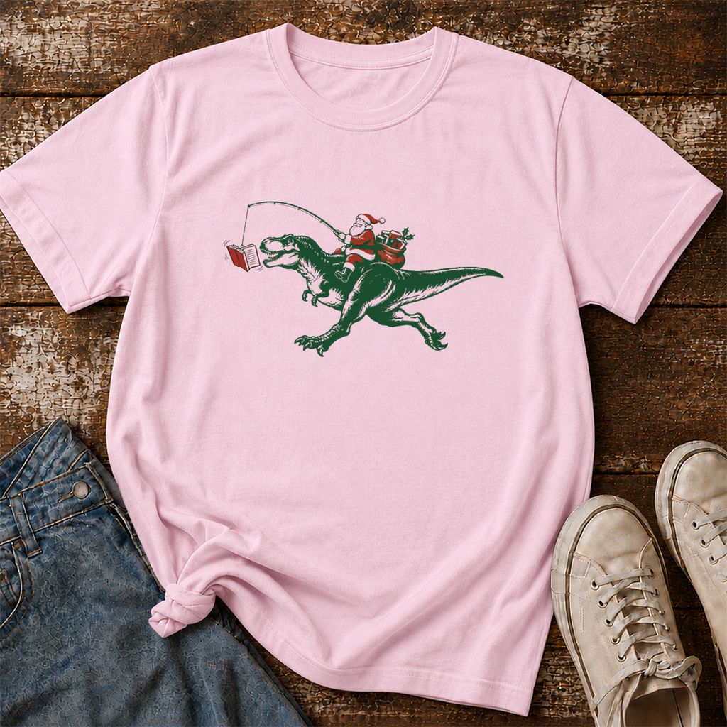 Santa Riding T-Rex Printed T-Shirt | Christmas Reader Gift Light Pink