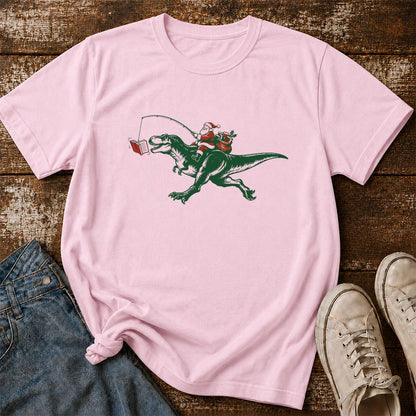 Santa Riding T-Rex Printed T-Shirt | Christmas Reader Gift Light Pink