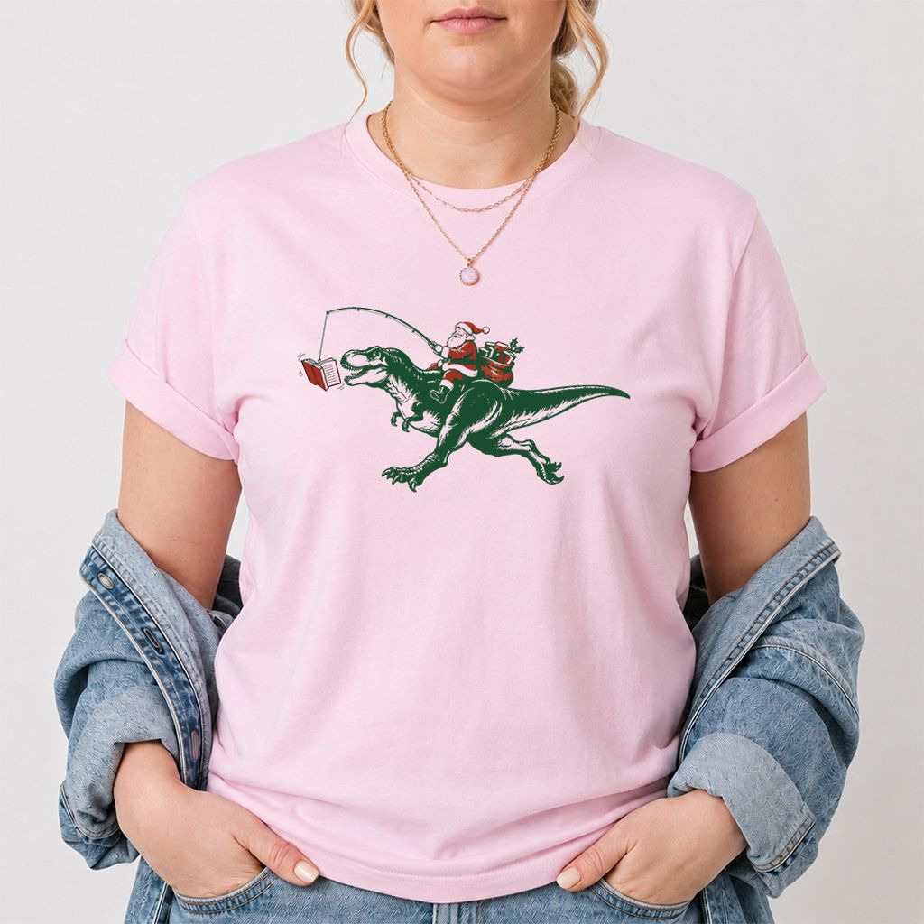 Santa Riding T-Rex Printed T-Shirt | Christmas Reader Gift Light Pink