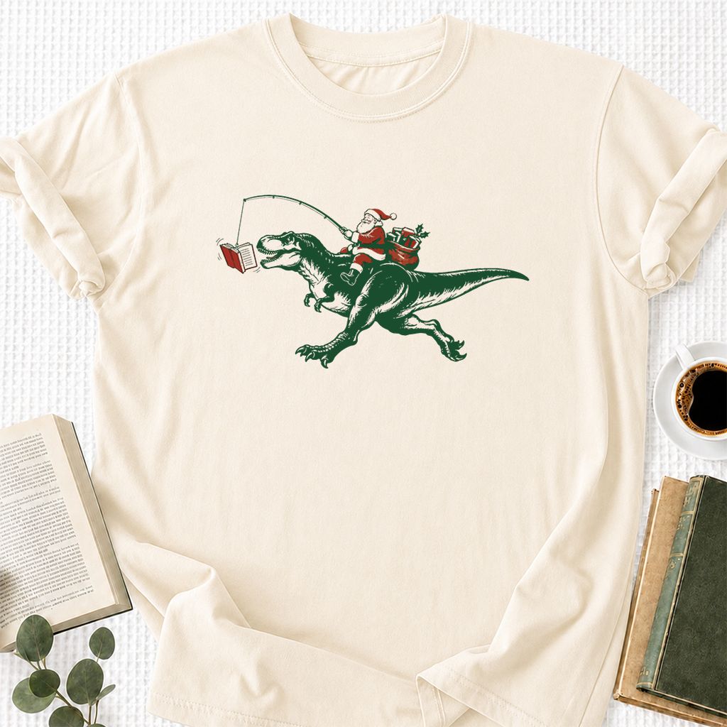 Santa Riding T-Rex Printed T-Shirt | Christmas Reader Gift Natural
