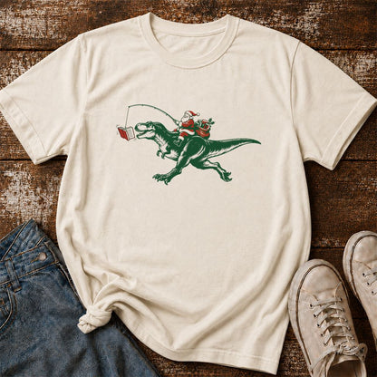 Santa Riding T-Rex Printed T-Shirt | Christmas Reader Gift Natural