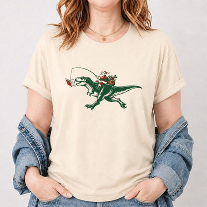 Santa Riding T-Rex Printed T-Shirt | Christmas Reader Gift Natural