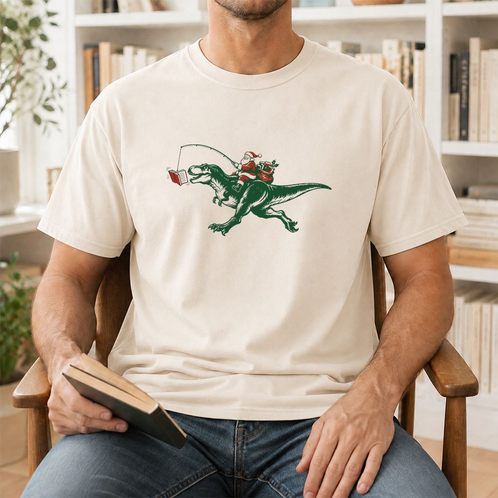 Santa Riding T-Rex Printed T-Shirt | Christmas Reader Gift Natural
